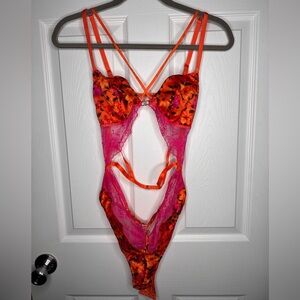 Victoria's Secret Pink and Orange Lace Bodysuit